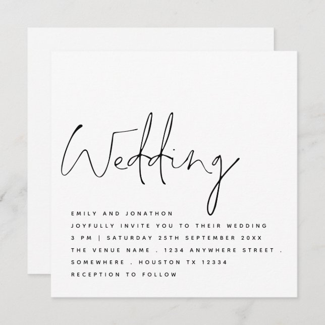 Minimalist Black White Handwriting Script Wedding Invitation (Front/Back)