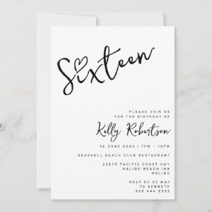 Minimalist Black White Heart Script Sweet Sixteen Invitation
