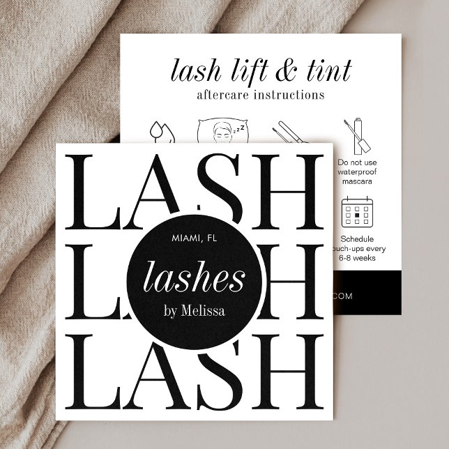Minimalist Black White Lash Lift & Tint Aftercare Square Business Card (Lash lift and tint aftercare cards in minimalist black and white design with aftercare icons)