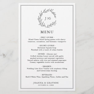 Minimalist Black & White Leaf Modern Wedding Menu