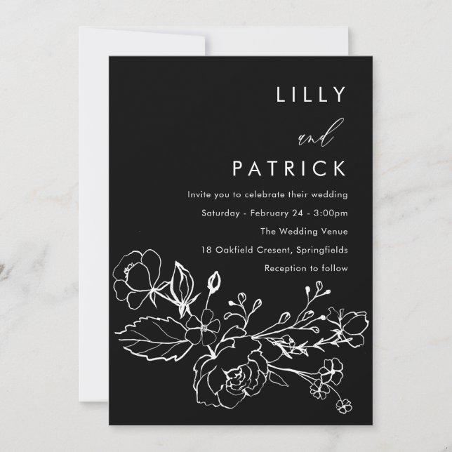  Minimalist Black & White Lineart Floral Wedding Invitation (Front)