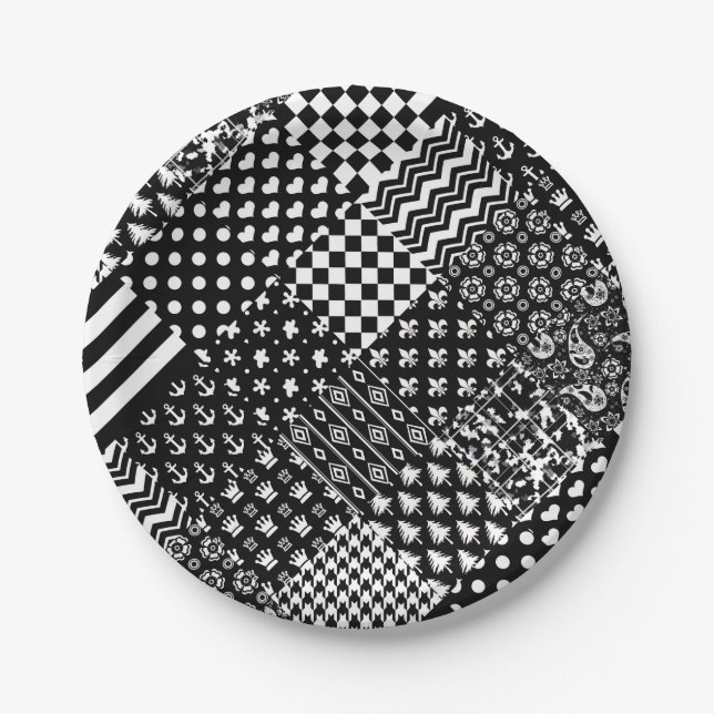 Minimalist Black White Mixed Pattern Style  Paper Plate (Front)