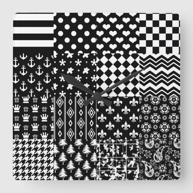 Minimalist Black White Mixed Pattern Style  Square Wall Clock (Front)