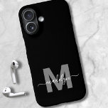 Minimalist Black White Modern Name Monogram iPhone 16 Case<br><div class="desc">Personalised Minimalist Black And White Script Initial Monogram Phone Case. Add a touch of luxury and elegance to your phone with this personalised phone case. Featuring a sleek black background, a bold grey initial, and a flowing white script name, this design combines sophistication with modern style. Perfect for anyone who...</div>