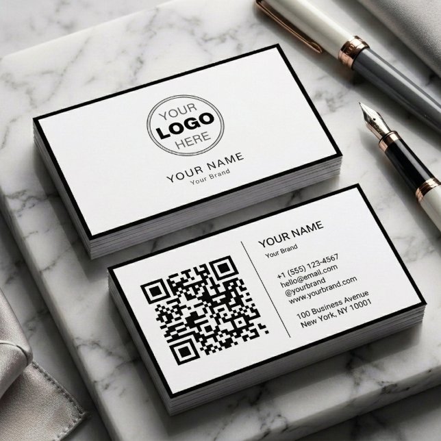 Minimalist Black White Modern QR Code Logo Business Card (Modern Minimalist Black & White QR Code Business Card)