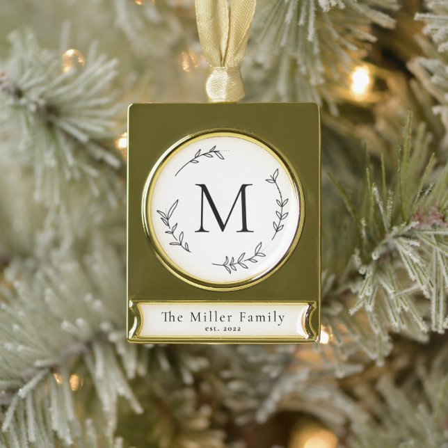 Minimalist Black & White Monogram Family Christmas Gold Plated Banner Ornament (Tree)