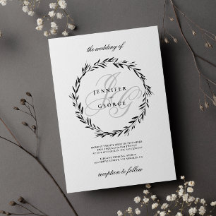 Minimalist black white monogram initials Wedding Invitation