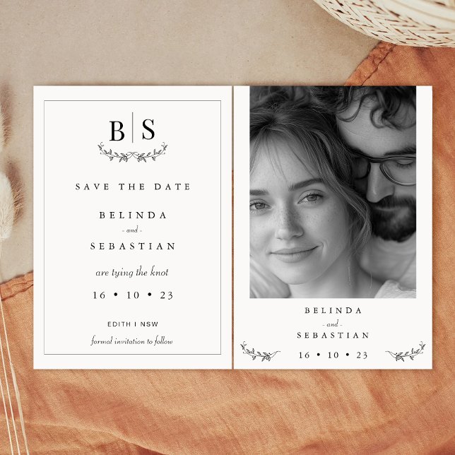 Minimalist Black White Monogram Save The Date Card (Minimalist Black Monograms Wedding Save The Date Card Template, Black White Save The Date Card, Leaf)