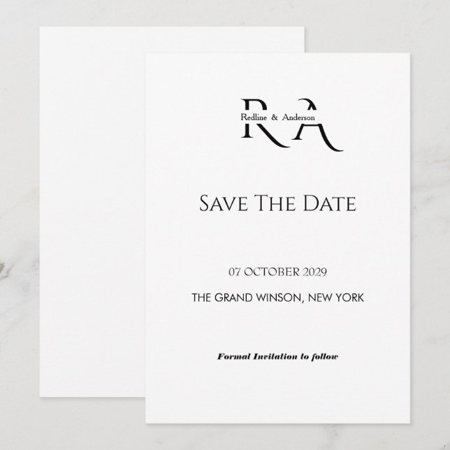 Minimalist Black & White Monogram Save the Date  Invitation (Front/Back)
