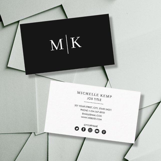 Minimalist Black White Monogram Social Media Icons Business Card (Creator Uploaded)