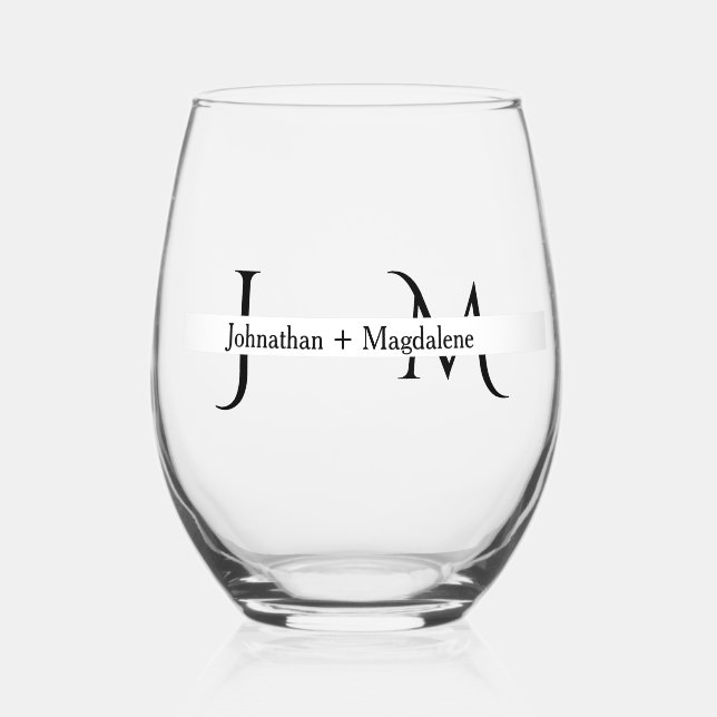Minimalist Black & White Monogram Wedding  Stemless Wine Glass (Back)