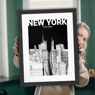 Minimalist Black & White NYC Skyline Travel Sketch Poster
