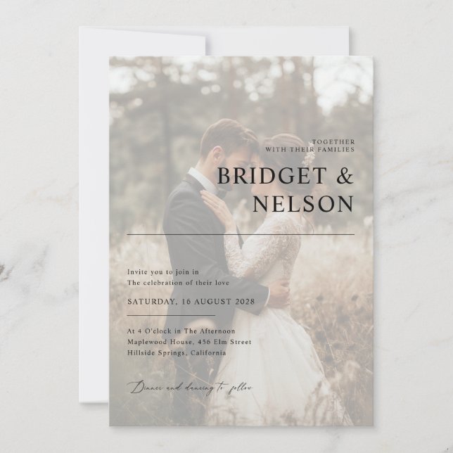 Minimalist Black & White Overlay Photo Wedding Invitation (Front)