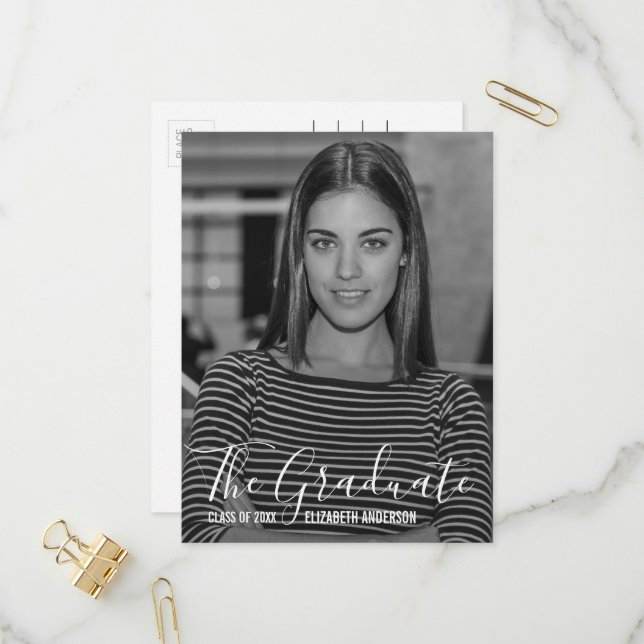 Minimalist Black & White Photo Graduation Party Invitation Postcard (Front/Back In Situ)