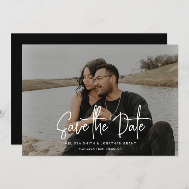 Minimalist Black & White Photo Script Wedding Save The Date (Front/Back)