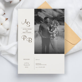 Minimalist black white photo wedding invitation