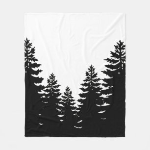 Minimalist black white pine tree silhouette fleece blanket