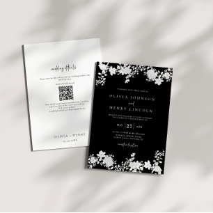 Minimalist Black   White QR Code Floral Wedding  Invitation