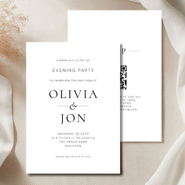 Minimalist Black White QR Code Wedding Evening Invitation (Front and back view)