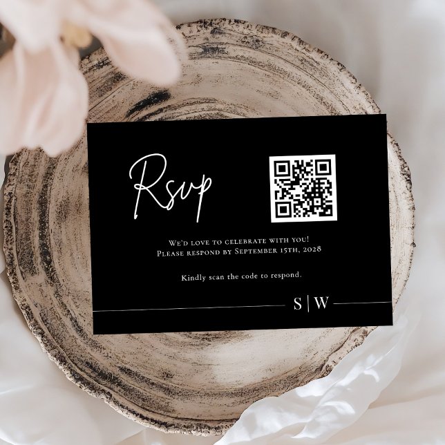 Minimalist Black & White QR Code Wedding  RSVP Card (Creator Uploaded)