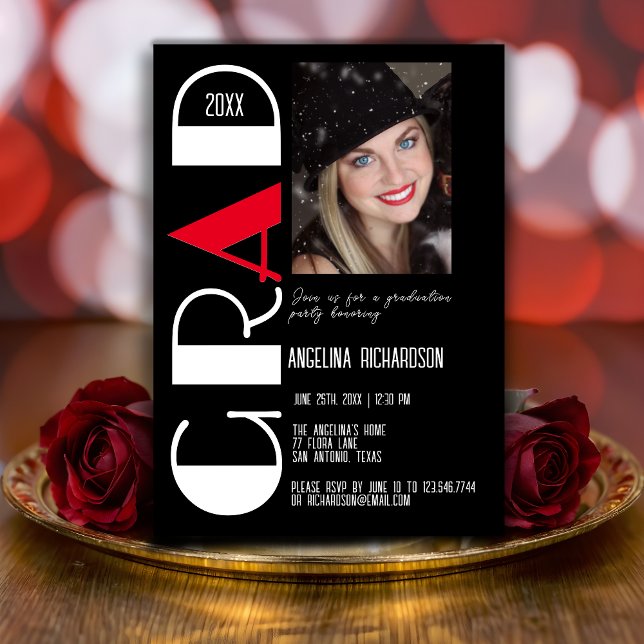 Minimalist black white red graduation photo announcement (Creator Uploaded)