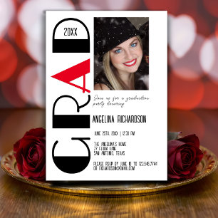 Minimalist black white red graduation photo announcement