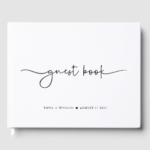 Minimalist Black White Script Photo Wedding Guest Book
