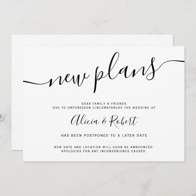 minimalist black white script postponed new plans invitation (Front/Back)