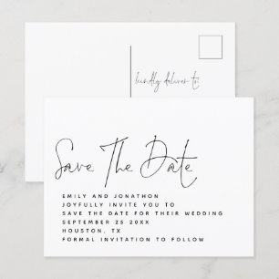 Minimalist Black White Script Save The Date Postcard