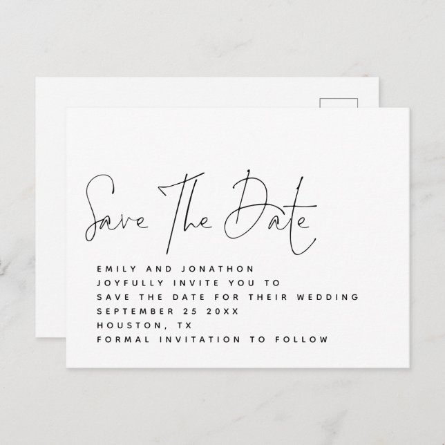 Minimalist Black White Script Save The Date Postcard (Front/Back)