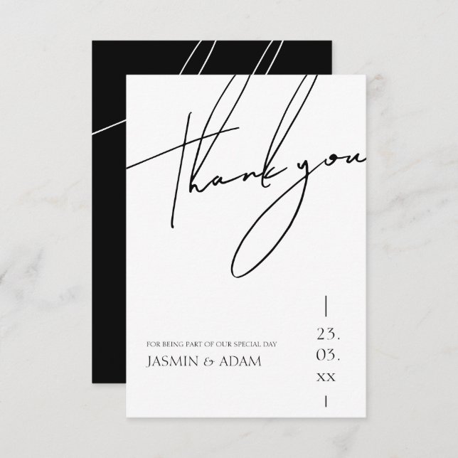 Minimalist Black White Script Typography Wedding Thank You Card (Front/Back)