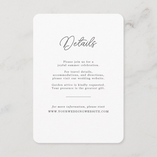 Minimalist Black White Script Wedding Details Card (Front)