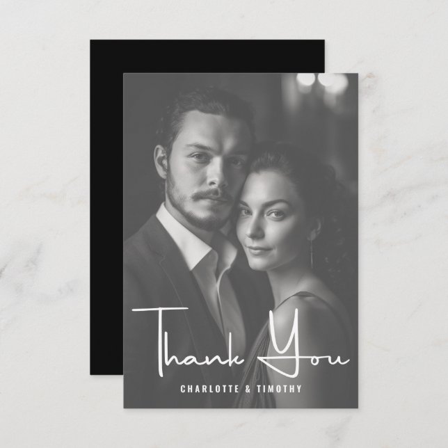 Minimalist Black White Script Wedding Photo Thank You Card (Front/Back)