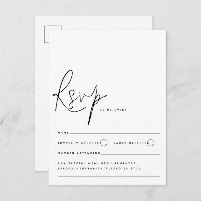 Minimalist Black White Script Wedding RSVP Postcard (Front/Back)