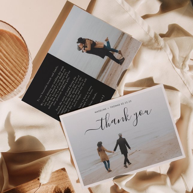 Minimalist Black White Script with 2 photo wedding Thank You Card (Creator Uploaded)
