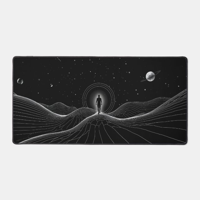 Minimalist Black & White Space Portal Art Desk Mat (Front)