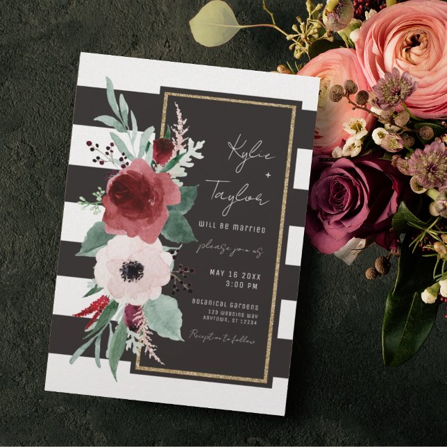 Minimalist Black White Stripe Floral Magenta Invitation (Creator Uploaded)