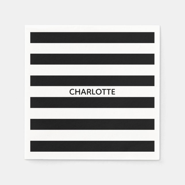 Minimalist black white stripes custom name stylish napkin (Front)