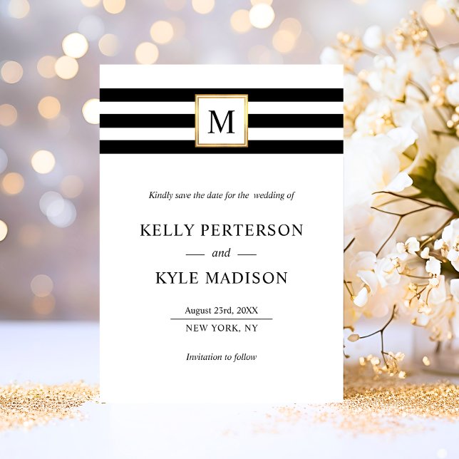 Minimalist Black White Stripes Monogram Gold Save The Date (Minimalist Black White Stripes Monogram Gold Save The Date)