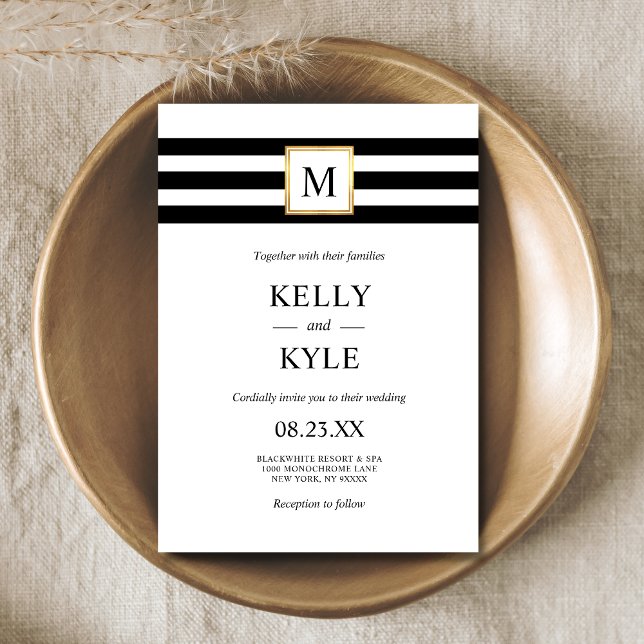 Minimalist Black White Stripes Monogram Wedding Invitation (Creator Uploaded)