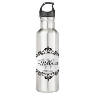 Minimalist Black & White Vintage Damask Monogram 710 Ml Water Bottle
