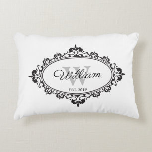 Minimalist Black & White Vintage Damask Monogram Decorative Cushion