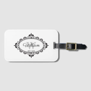 Minimalist Black & White Vintage Damask Monogram Luggage Tag