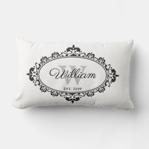Minimalist Black & White Vintage Damask Monogram Lumbar Cushion