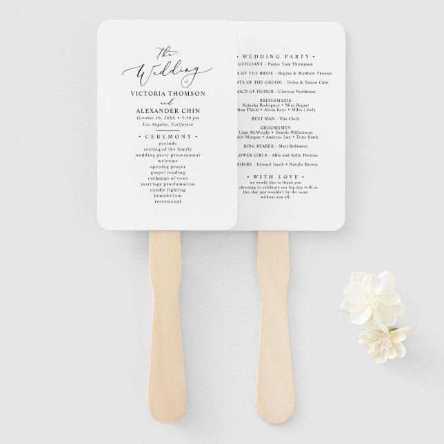 Minimalist Black White Wedding Program Fans (Front and Back)