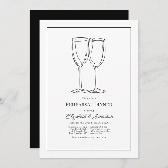 Minimalist Black & White Wedding Rehearsal Dinner Invitation (Front/Back)