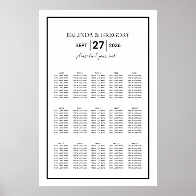 Minimalist Black White Wedding Seating Chart (Front)