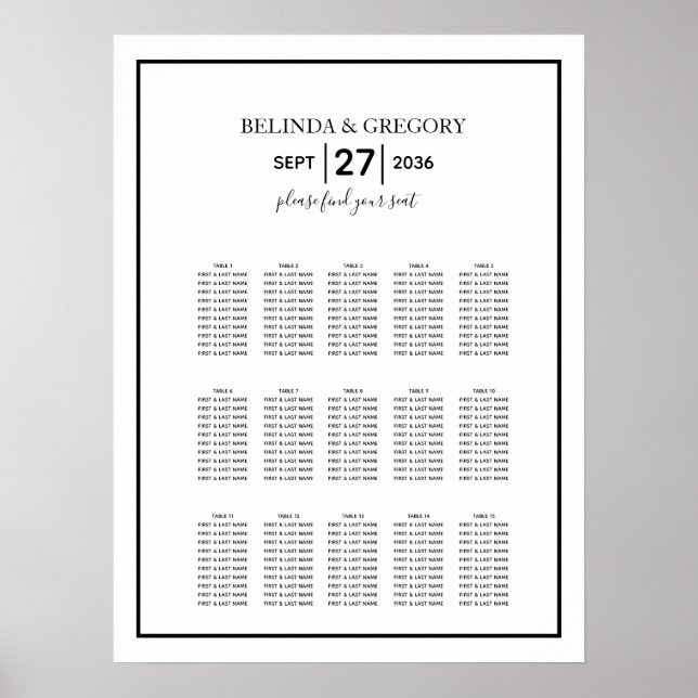 Minimalist Black White Wedding Seating Chart (Front)