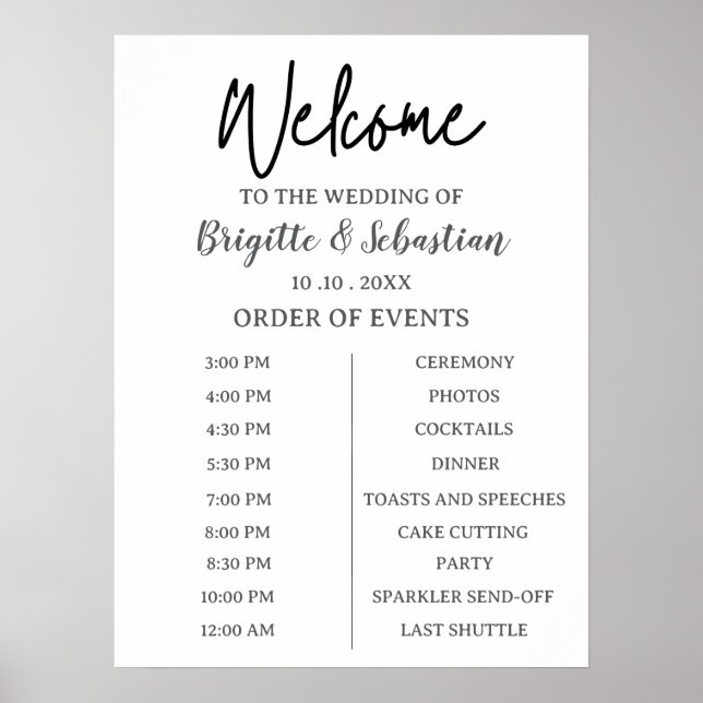 Minimalist Black & White Wedding Welcome Timeline Poster (Front)