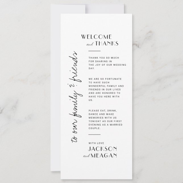 Minimalist Black-White Welcome & Thank You Place  Card (Front)